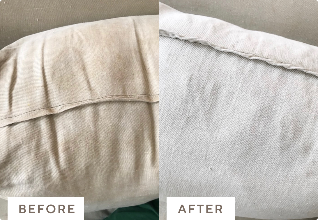 Before and after images of couch pillows cleaned with Branch Basics.