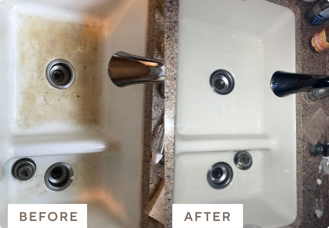 Before and after images of dirty sink cleaned with Branch Basics.
