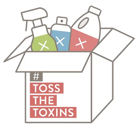 Illustration of cleaning products in a box with #TossTheToxins text.