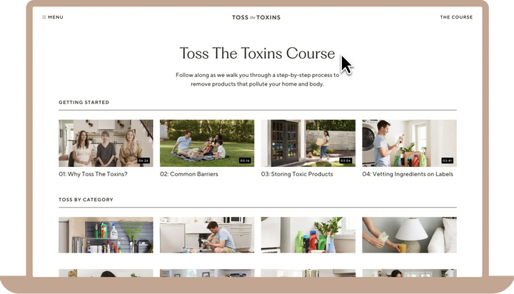 Mocked-up webpage for the Toss The Toxins course displayed on a laptop screen.